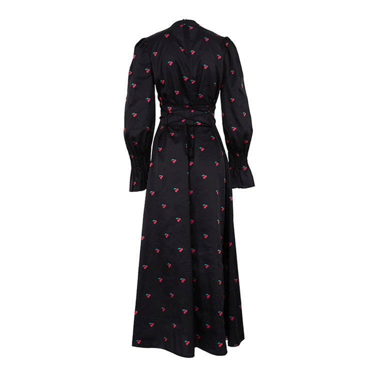 Women's Printed Round Neck Long Sleeve Dress Fall Fashion Slim Waist Satin Maxi Dress 18