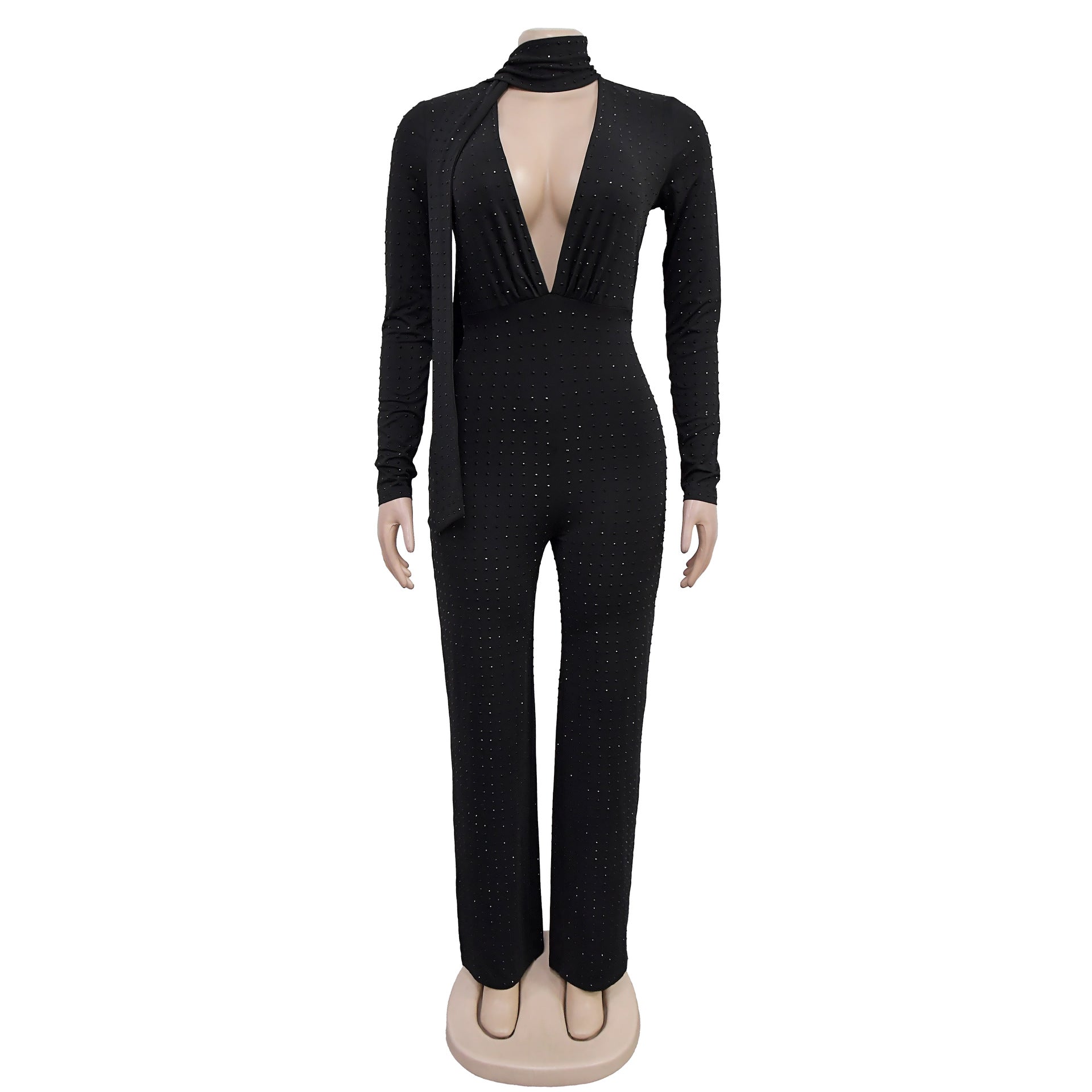 Women Sexy V-neck Long Sleeve Beaded Jumpsuit 5