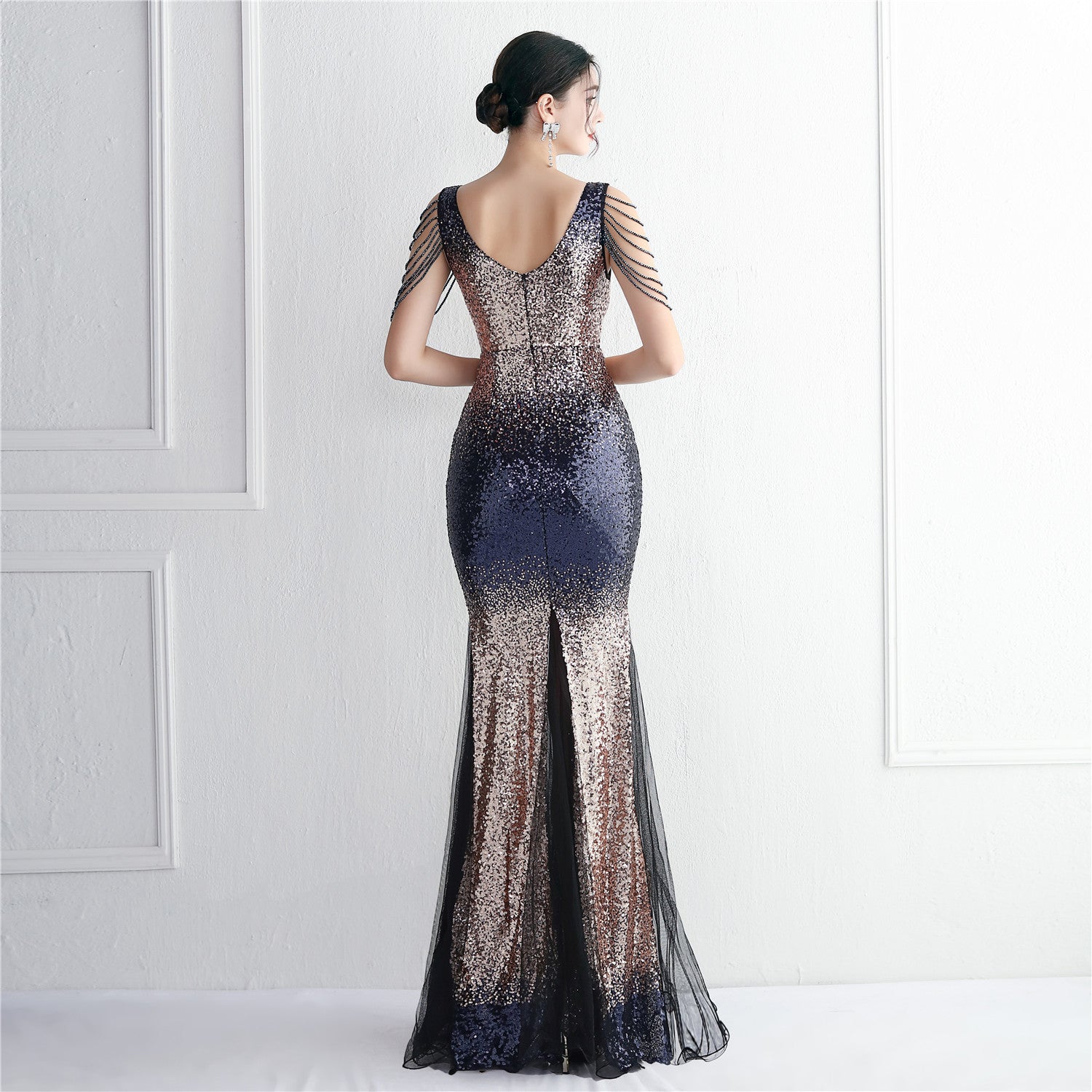 WomenElegant Gradient Sequins V Neck Evening Dress 5