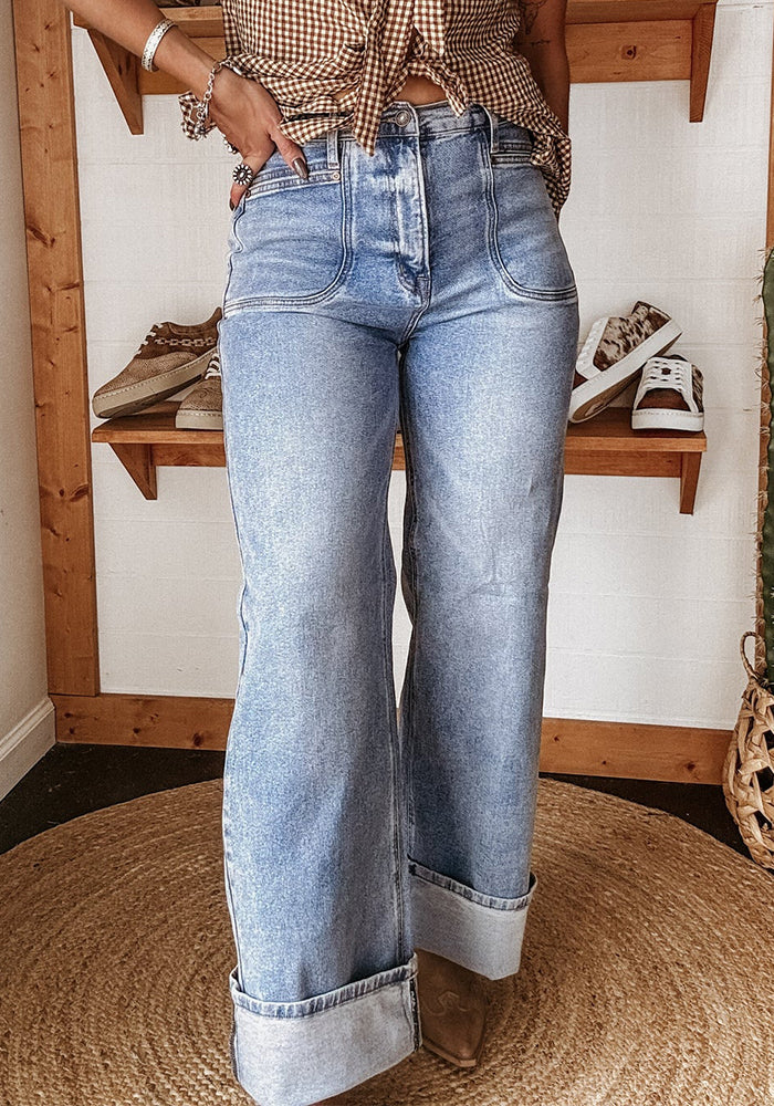 Women's Fashion Casual Washed Stretch Mid-Rise Straight Leg Denim Pants