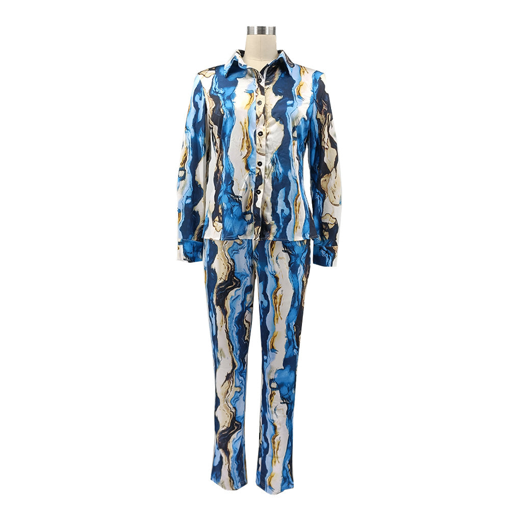 Glossy Irregular Printed Women's Shirt Pencil Pants Two Piece Set 16