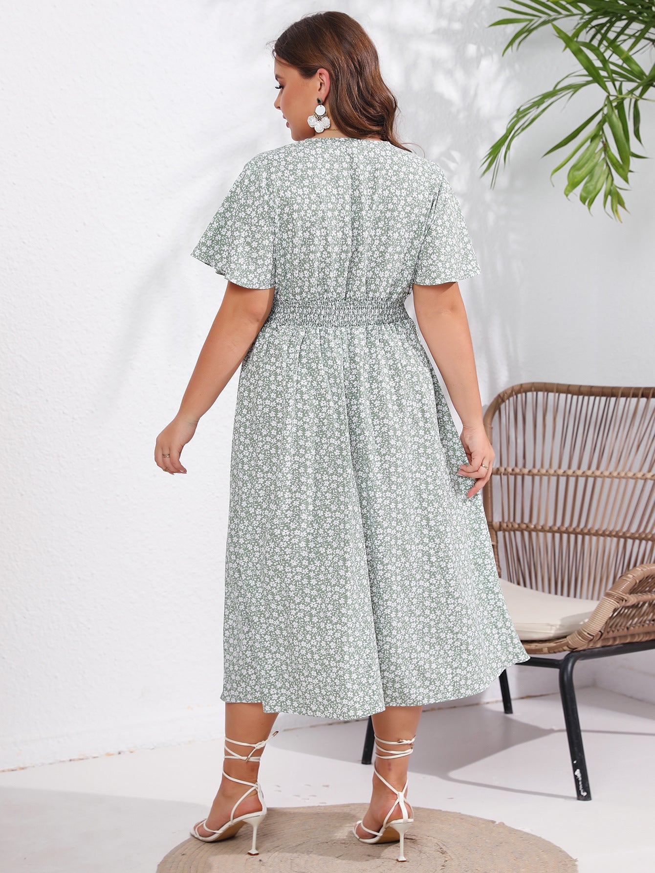 Women's Summer Plus Size Short Sleeve V-Neck Slim Waist Print Dress 5