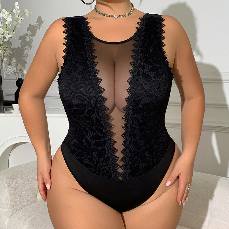 Plus Size Women Black Diamond Lace Patchwork Lace Sexy Bodysuit