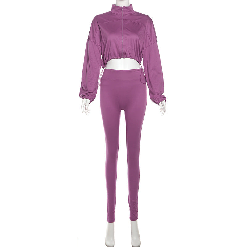 Spring And Autumn Sexy Drawstring Slim Waist Crop Top High Waist Tight Fitting Trousers Two Piece Set 15