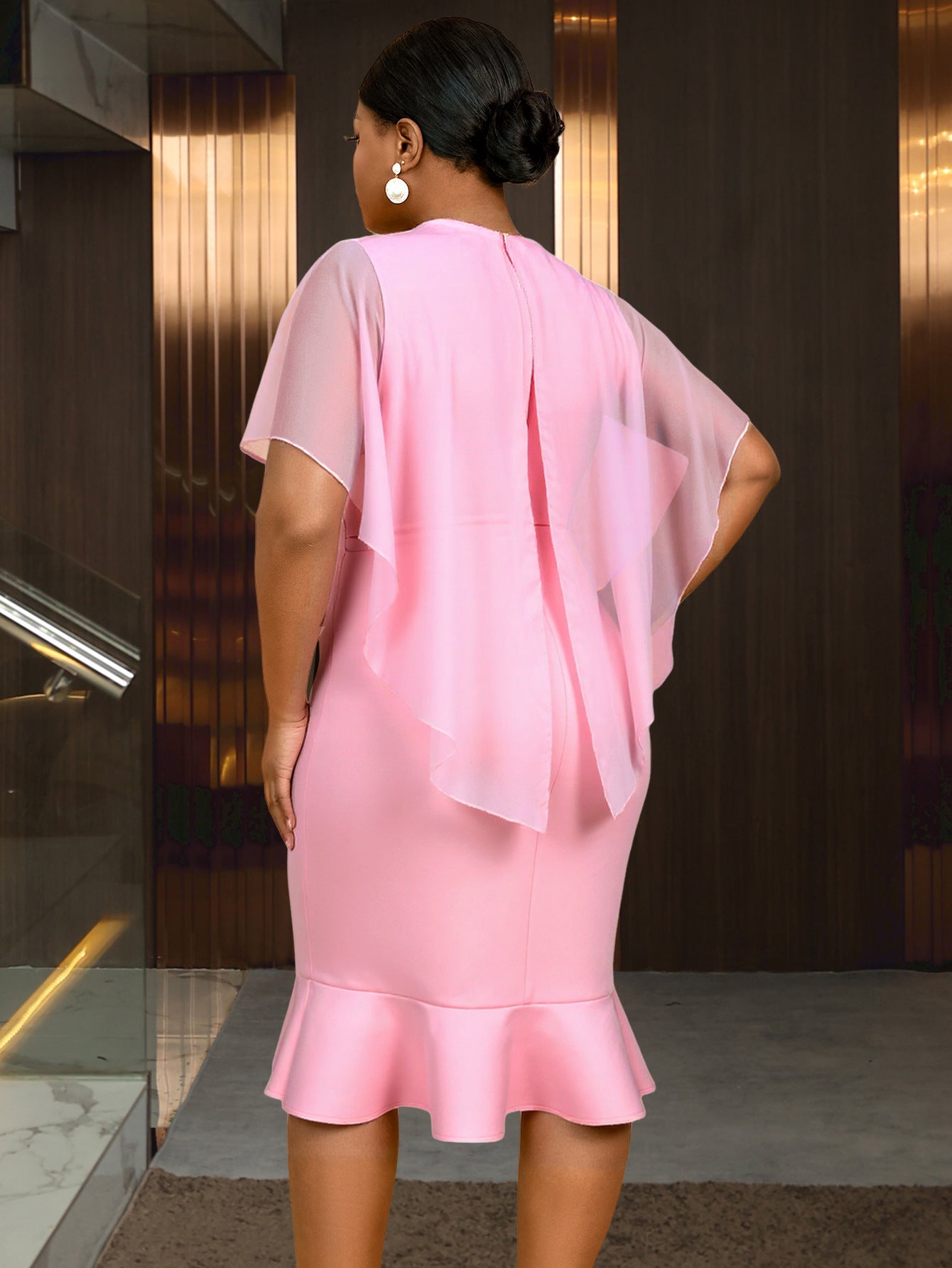 Plus-Size Women Style Cape Round Neck Ruffle Bodycon Formal Party Fishtail Dress 3