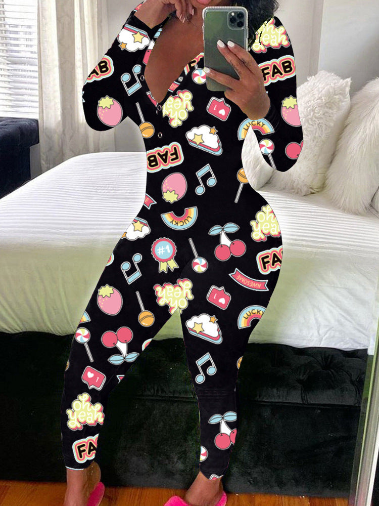 Women's Sexy Fashion Pattern Print Deep V-Neck Long Sleeve Tight Slim Jumpsuit 16