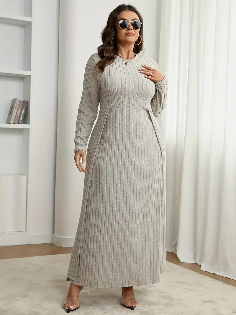 Women Round Neck Long Sleeve Autumn Winter Plus Size Dress 6
