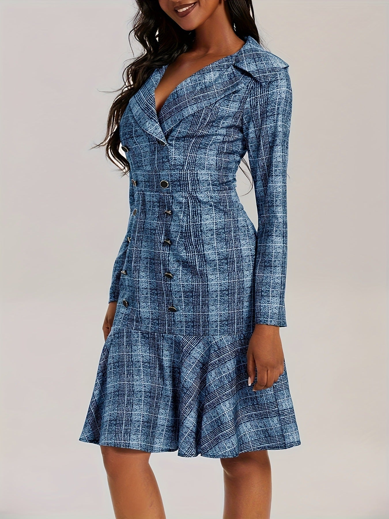 Plus Size Women Turndown Collar Double Breasted Plaid Print Career Dress 11