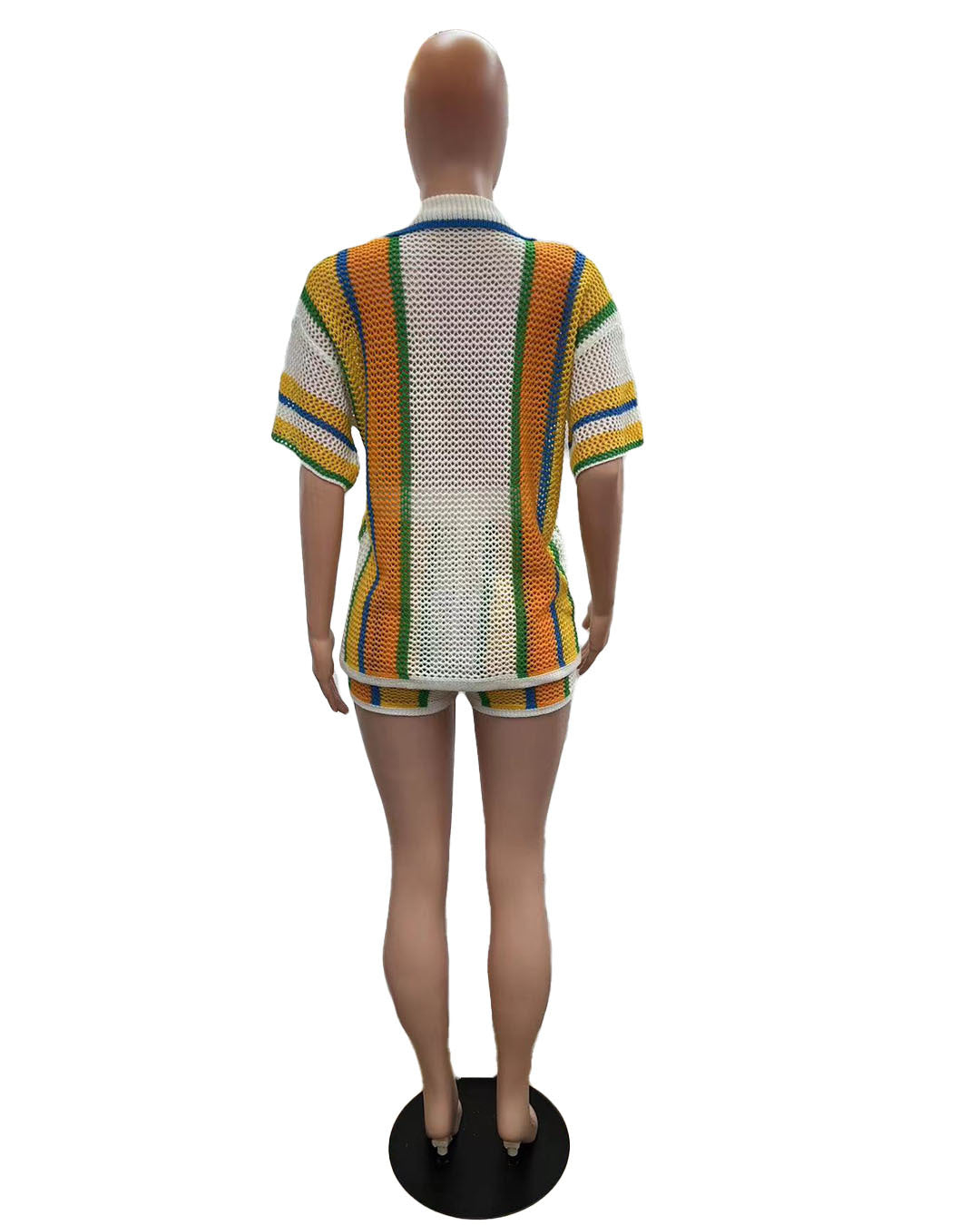 Women's Sexy Hollow See-Through Turndown Collar Knitting Two Piece Shorts Set 16