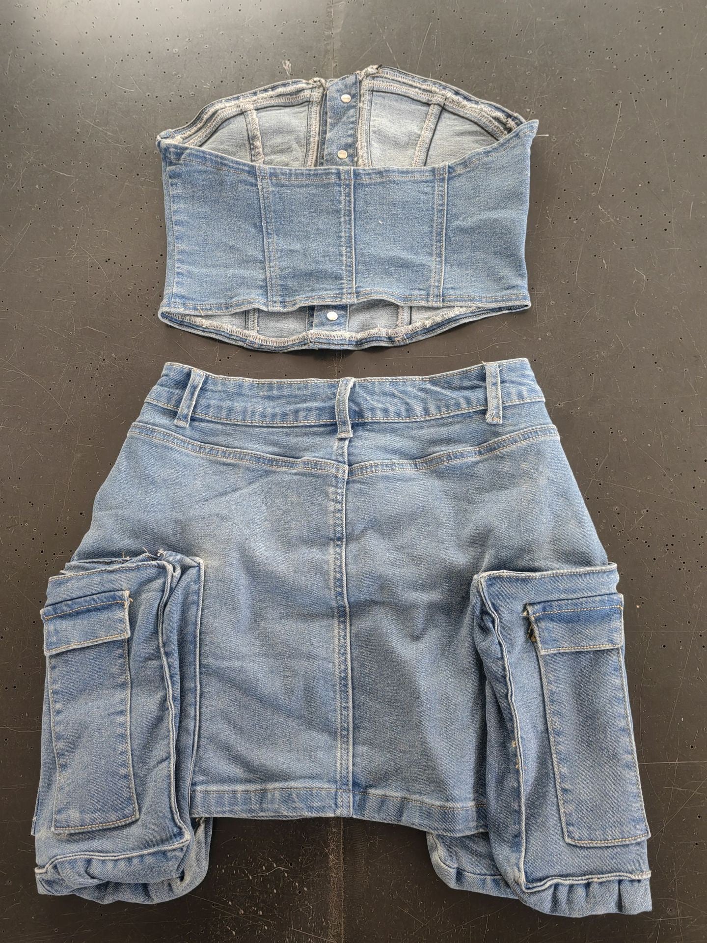 Women retro strapless stretchy top and skirt denim two-piece suit 11