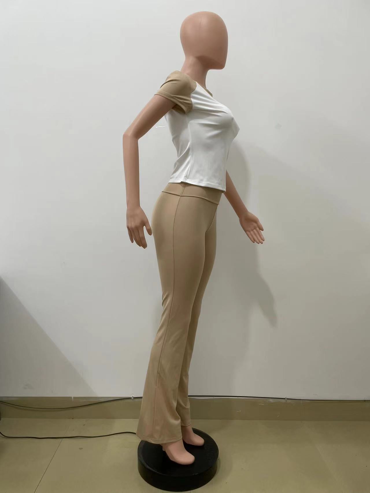 Women's Spring Summer Color Matching Sports Dance Fitness Yoga Short-Sleeved Two-Piece Pants Set 13