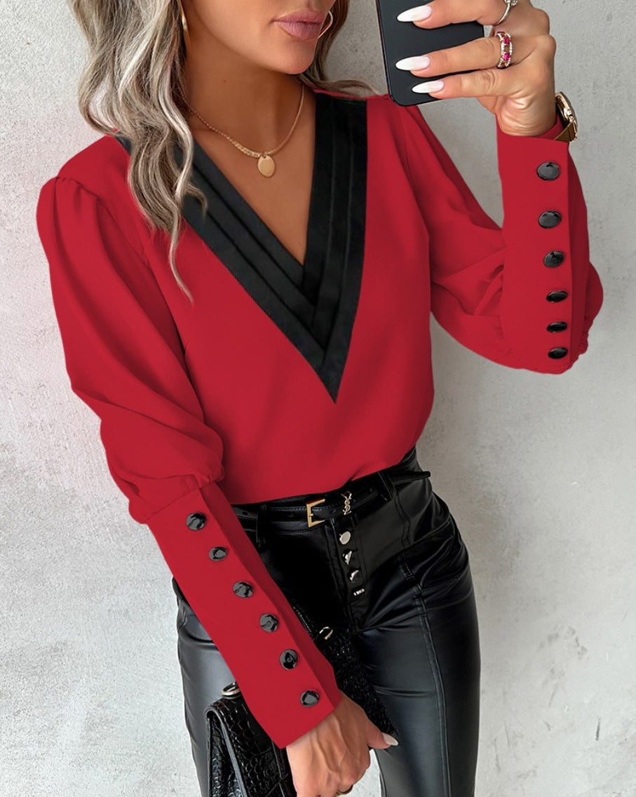 Women V Neck Solid Long Sleeve Button Top 13
