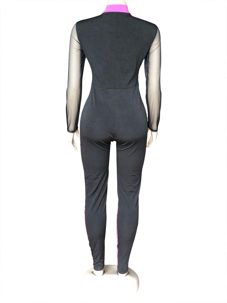 Sexy Plus Size Women's Clothing Color Block Mesh Long Sleeve Zipper Casual Jumpsuit 12