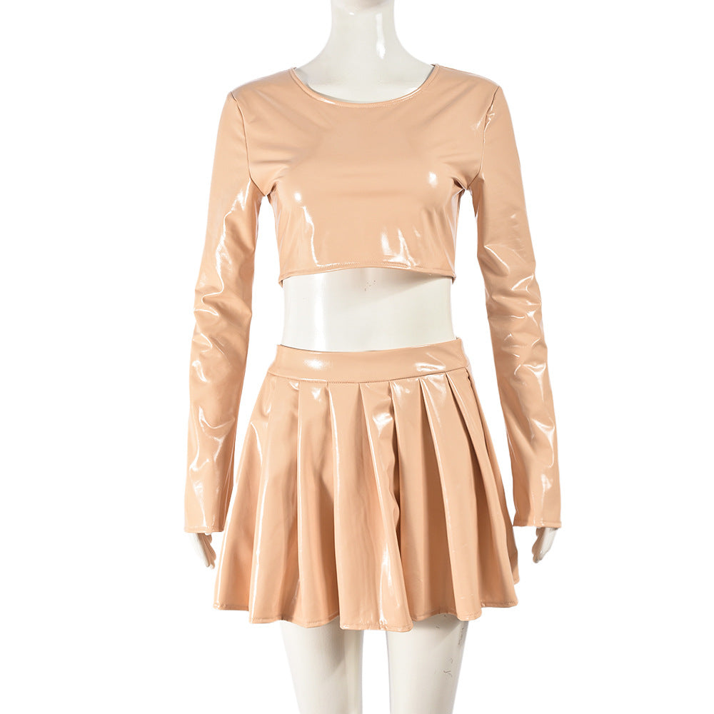 Women Autumn Long Sleeve Round Neck pu-Leather Top and Pleated Skirt Two-piece 10