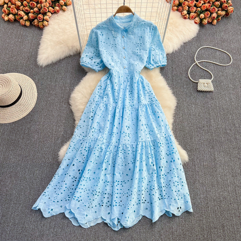 Autumn/Spring High-Waist Puff Sleeve Peter Pan Collar Dress Elegant Chic Holiday Dress 8