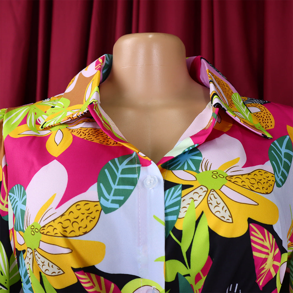 Fashionable Women's Printed Turndown Collar Lace-Up Long Sleeve Shirt 14