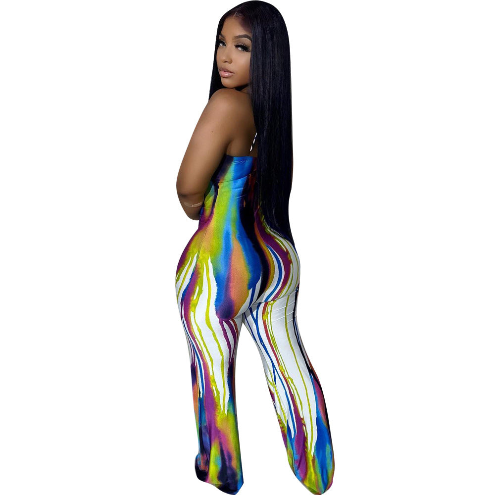 Sexy Suspender Graffiti Positioning Print Wide Leg Jumpsuit