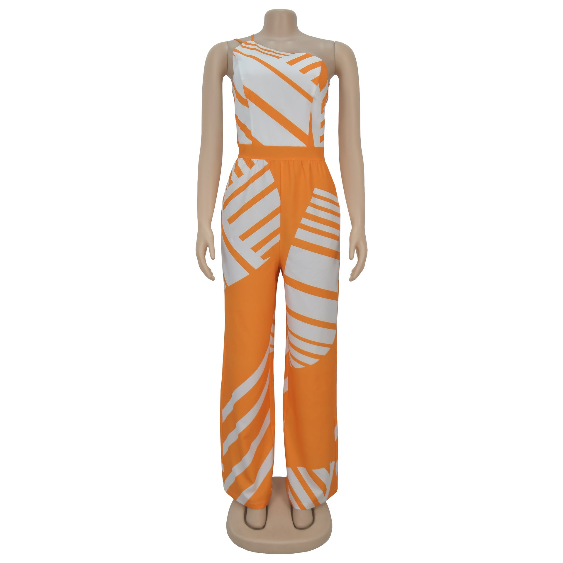 Fashion Women's Summer Casual Low-Back Slash-Shoulder Striped Jumpsuit 11