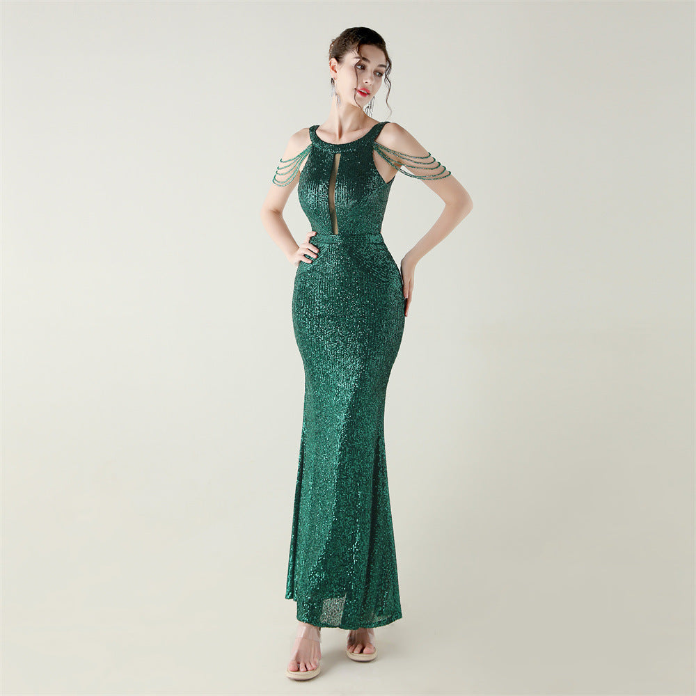 Sequin Beaded Off-Shoulder Halter Fishtail Evening Party Dress 4