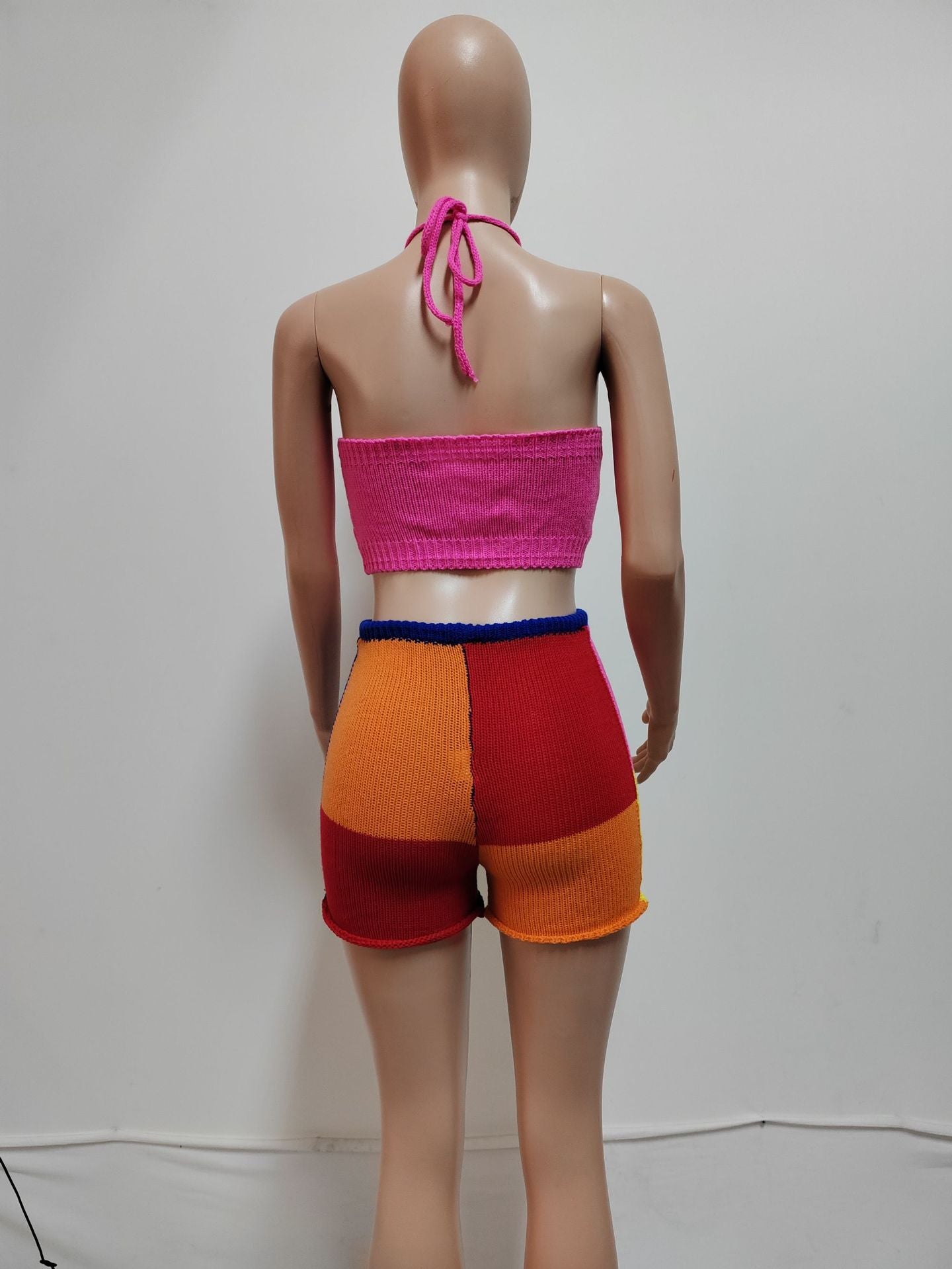 Summer Women's Knitwear Fashion Low Back Halter Neck Top & Tight-Fitting Shorts Set 6