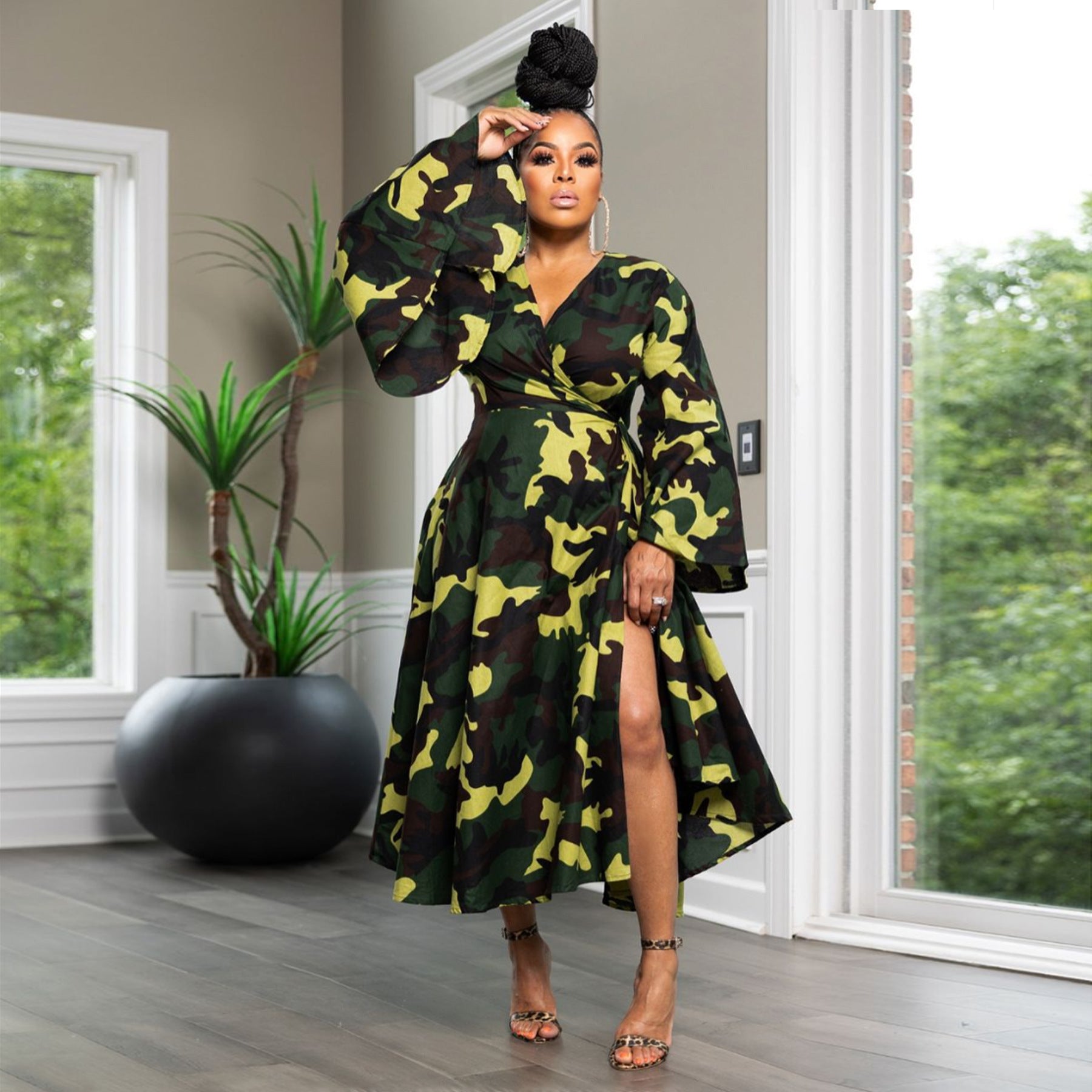 Plus Size African Women's Printed Wrap V-Neck Long Sleeve Maxi Dress 4