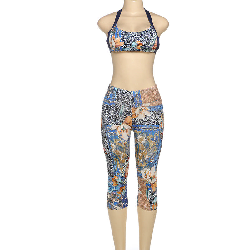 Women's Spring Halter Neck Lace-Up Floral Print Vest Trousers Two P iece Set 6