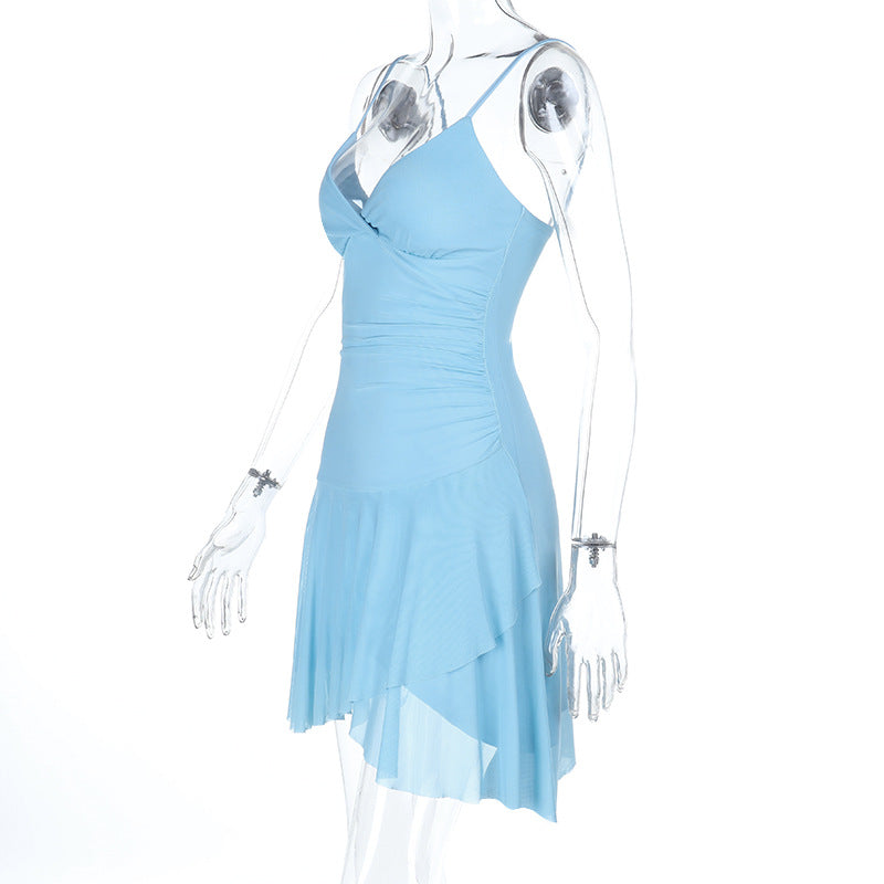 V-Neck Slim Waist Strap Dress Summer Solid Holiday Dress 5