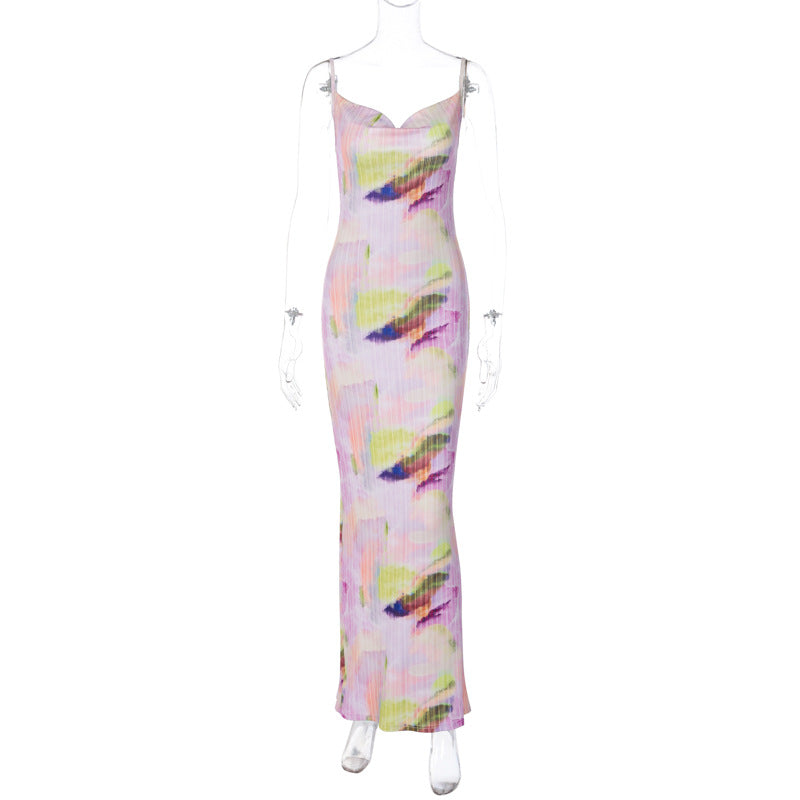 Women's Summer Fashion Print Chic Slim Low Back Strap Dress 9