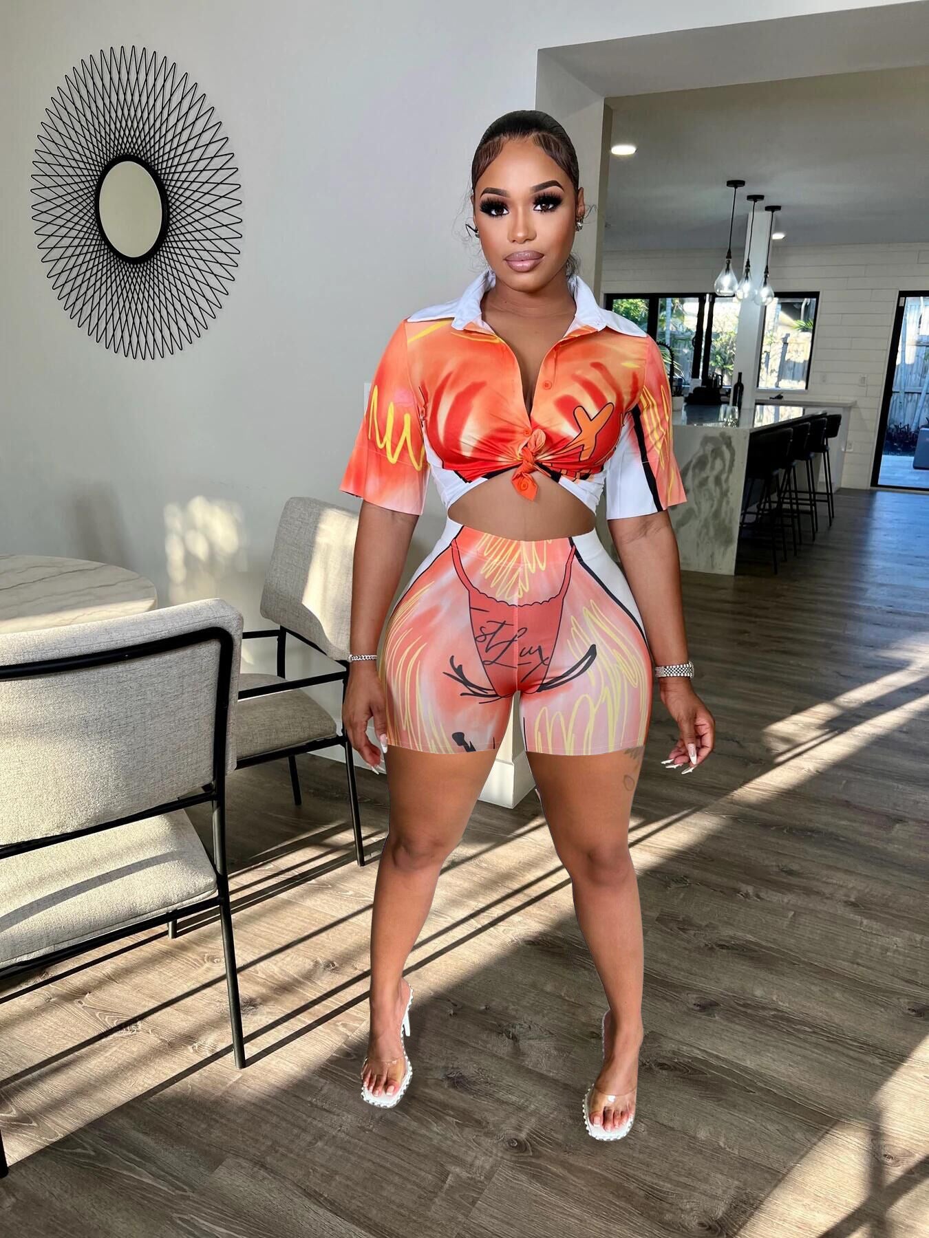 Fashion Casual Print Suit Street Women Short Sleeve Shorts Two Piece Set 4