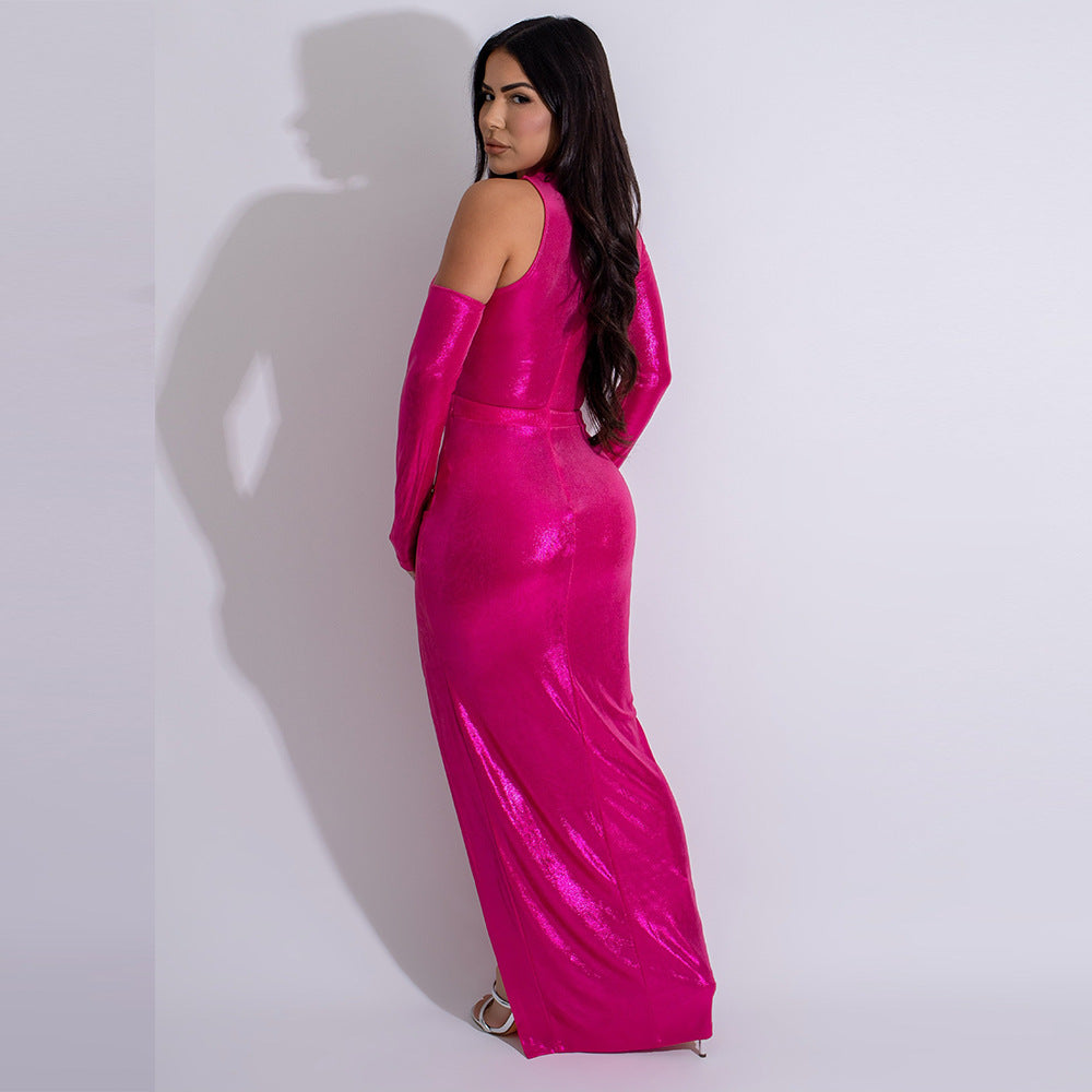 Women irregular hollow metal button sexy slit dress 5