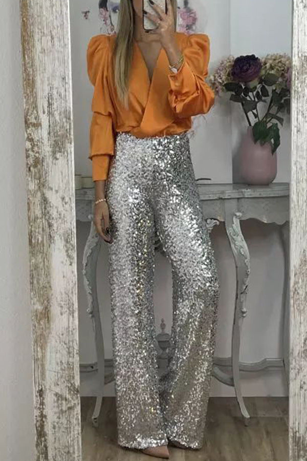Spring Summer Party Sequined Casual Slim Fit Stretch Bell Bottom Pants 4