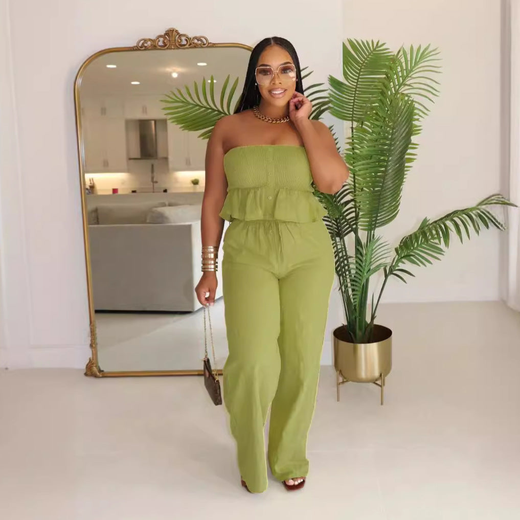 Sexy solid color strapless two piece pants set 5