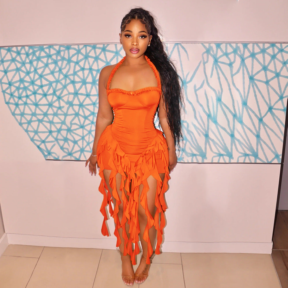 Solid color tassel Halter Neck women's fashion dress 5