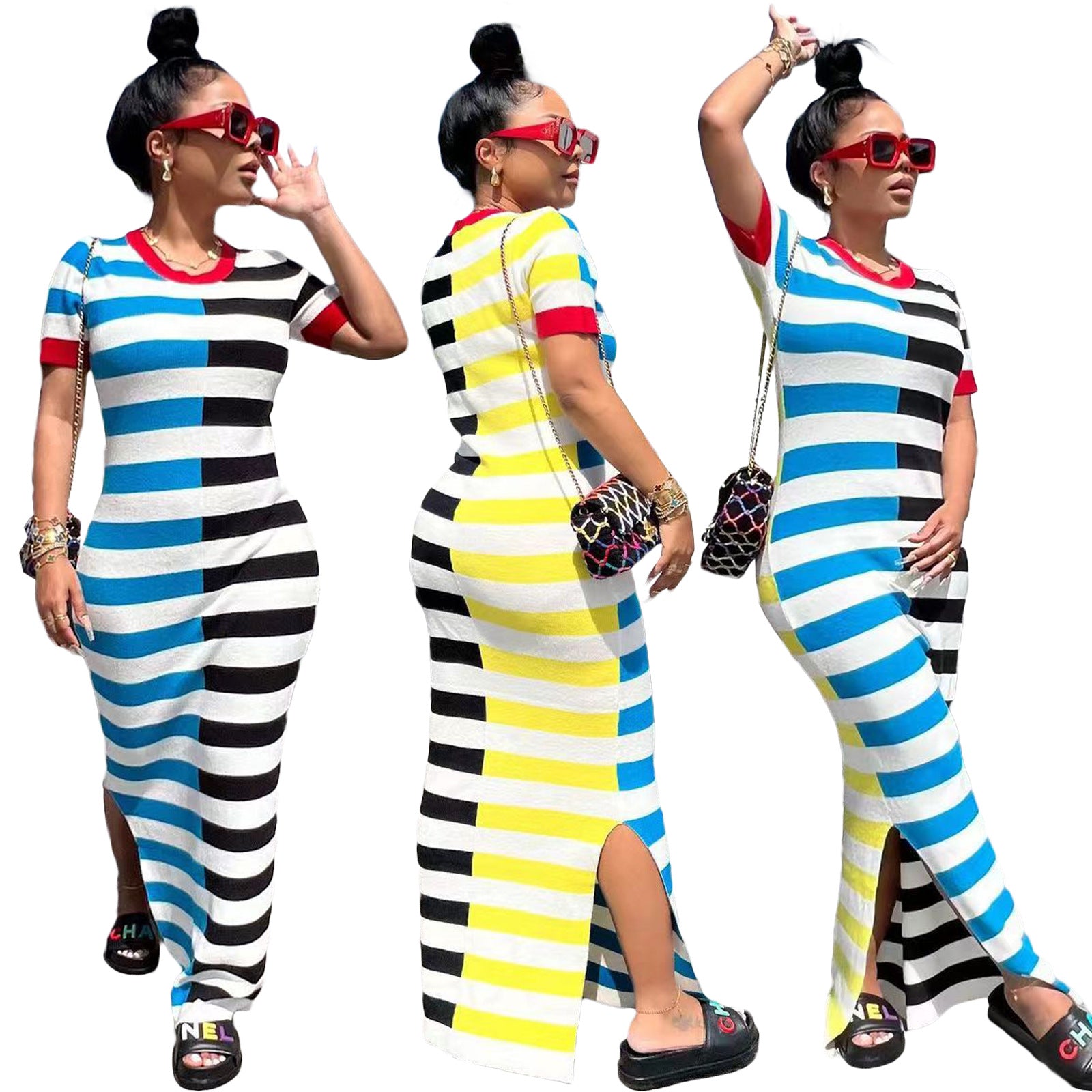 Women Round Neck Short Sleeve Slit Patchwork Striped Dress 3