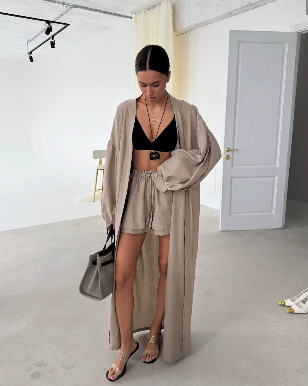 Women's Summer Fashion Lantern Sleeve Cardigan Wide-Leg Shorts Casual Set 6