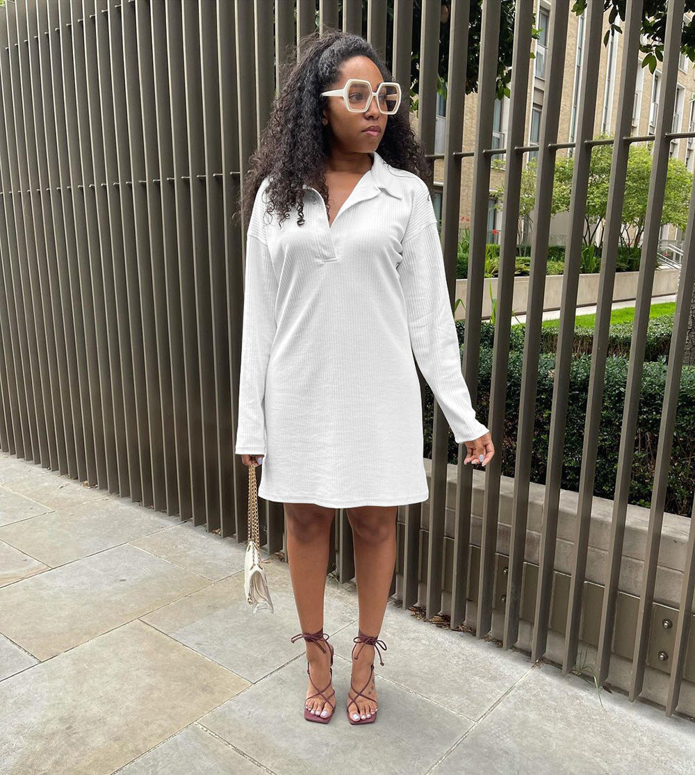 Plus Size Women summer white half-open collar long-sleeved dress