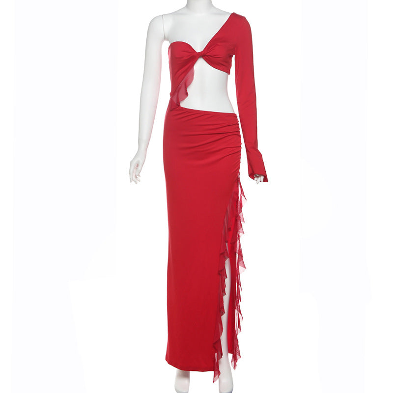 Women's Autumn Winter Sexy Solid Color Hollow Single-Sleeved Side Slit Dress 9