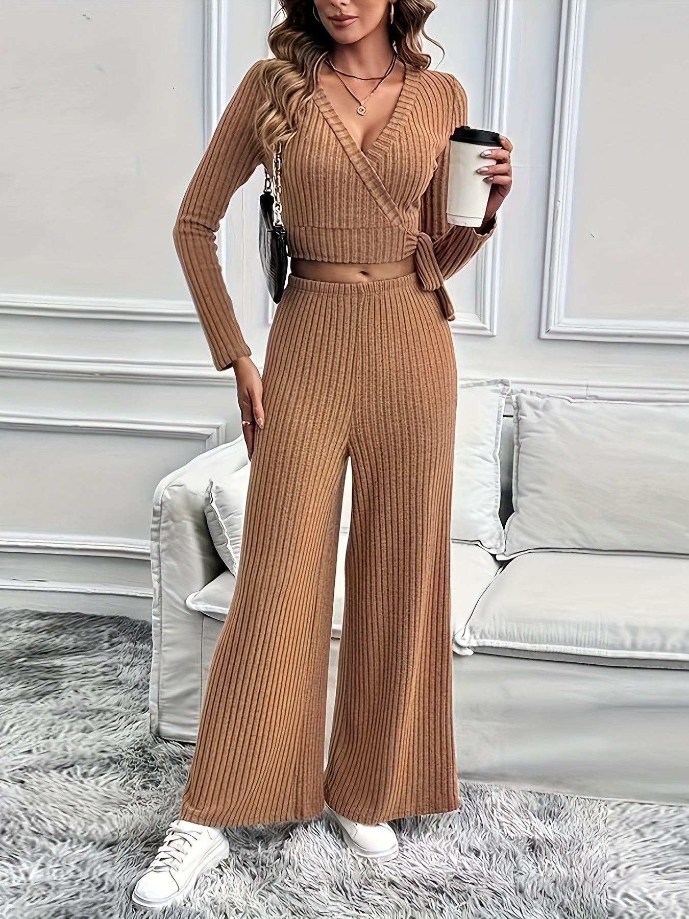 Elegant Fashion Wrap V-Neck Lace-Up Long Sleeve Top Slim Fit Wide-Leg Pants Solid Color Two Piece Set 3