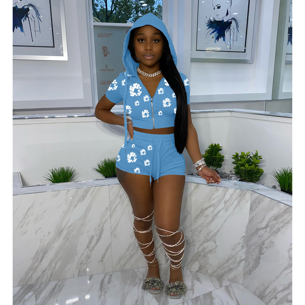 Women's Summer Printed Zipper Hooded Short-Sleeved Top Shorts Two Piece Set 4