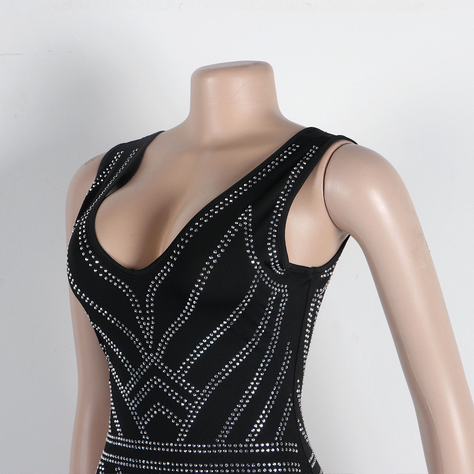 Women sexy beaded v-neck bodycon stretch dress 16