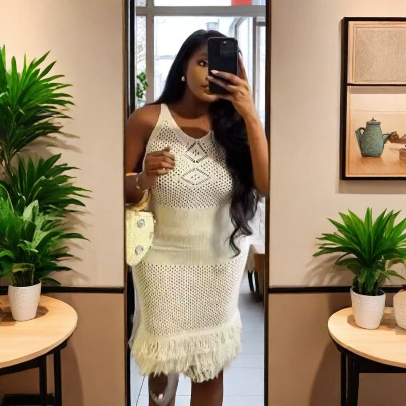 Women Solid Sexy Backless Knitted Hollow Dress