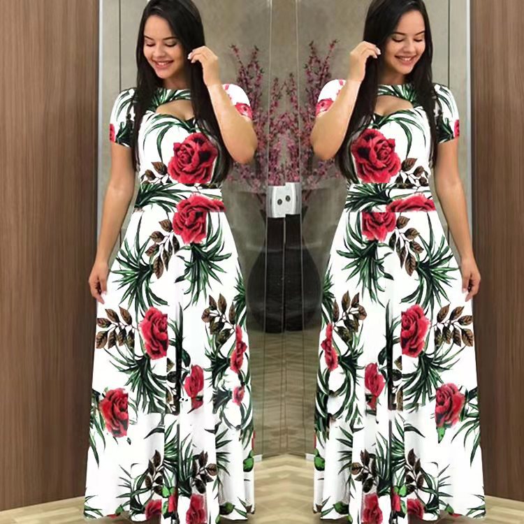 Women Sexy Fashion Floral Botanical Print Short Sleeve Maxi Dress 16