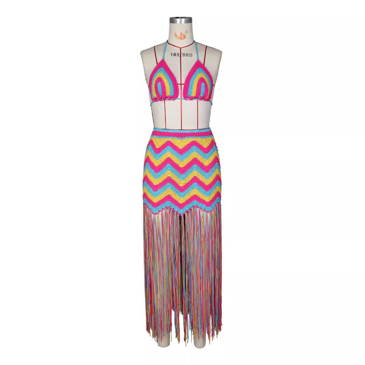 Women sexy crocheted wave pattern fringed beach cover-up dress two-piece set 8