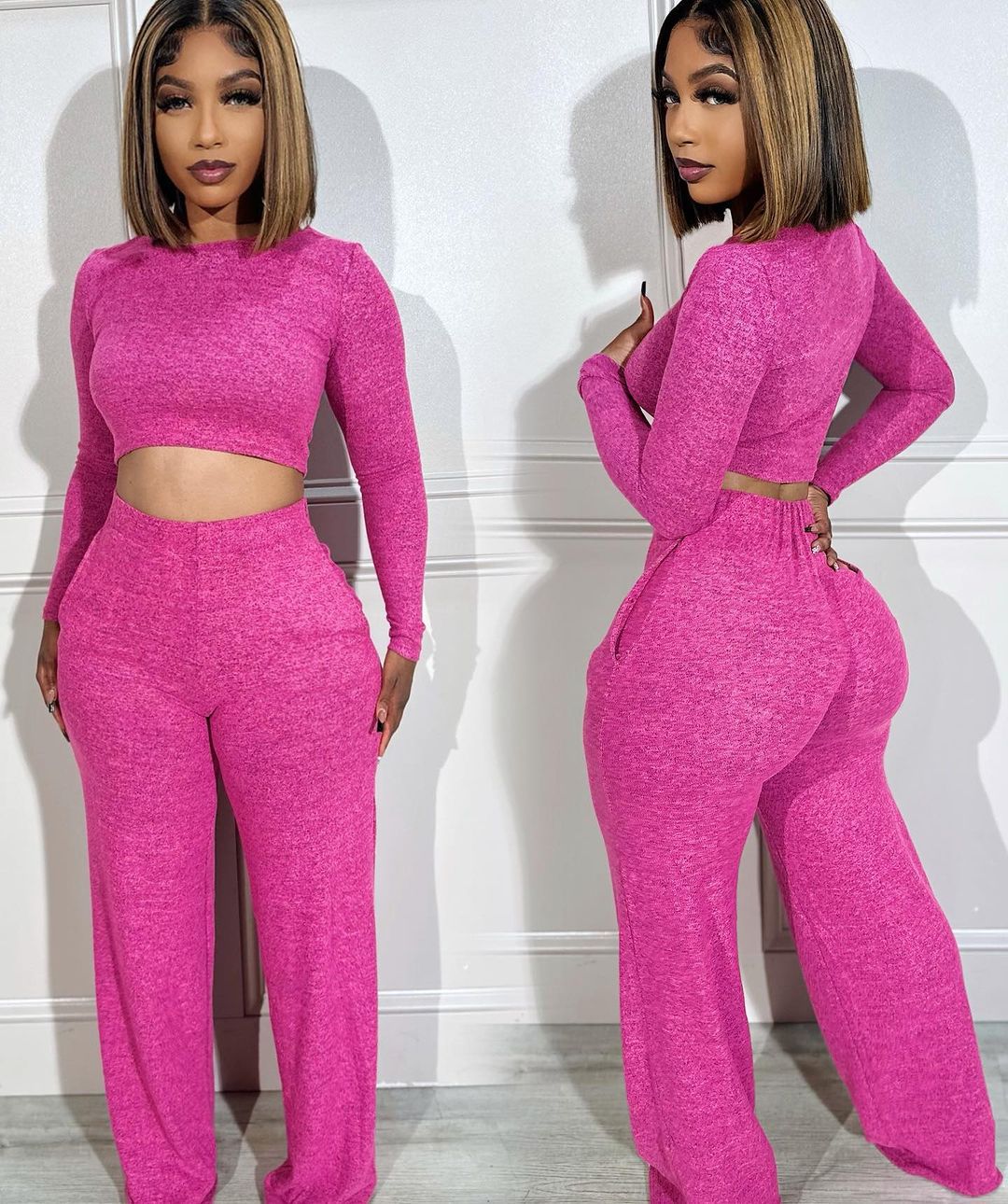 Women's Fashion Long Sleeve Crop Tops And Pants Casual Two Piece Set 3