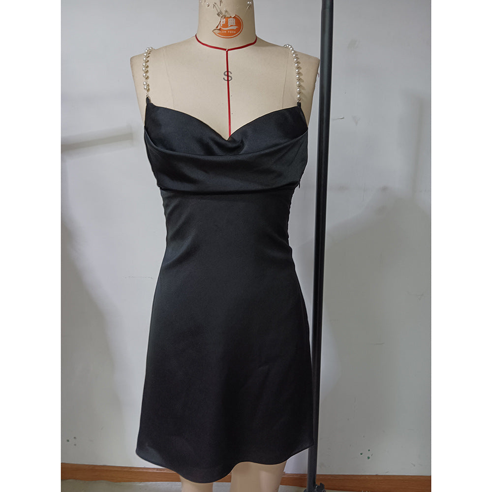 Women summer suspenders with pearl drop collar sexy dress 7