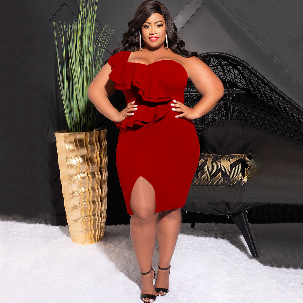 Spring Summer Plus Size Fashion Casual Ruffled Slit One Shoulder Bodycon Slit Dress 8