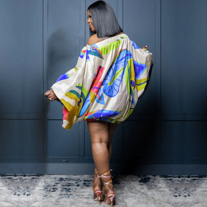 plus size off shoulder printed bat long sleeve loose dress 33