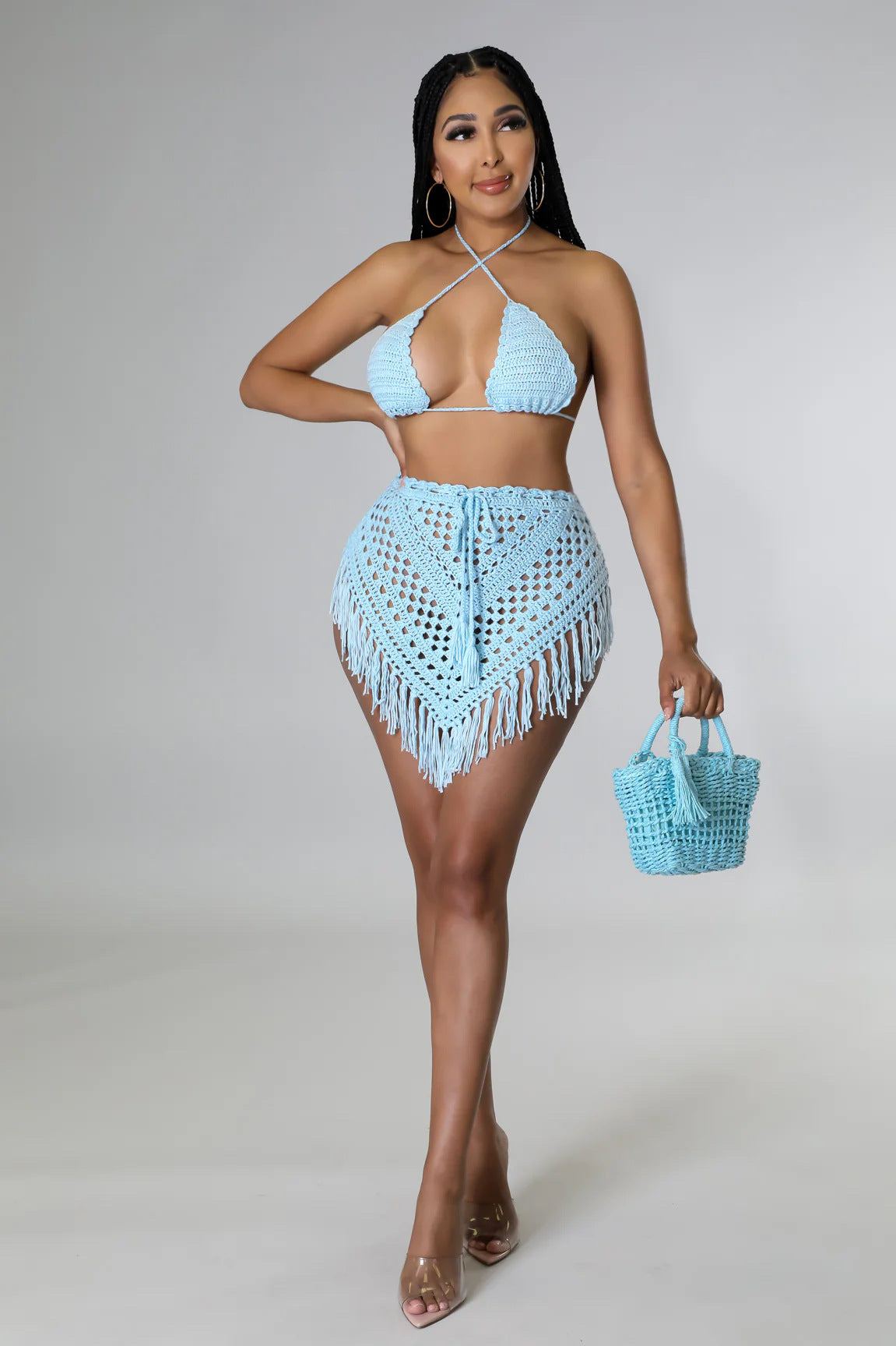 Summer Crocheted Hollow Bra Tassel Short Skirt Sexy Two-Piece Set 13
