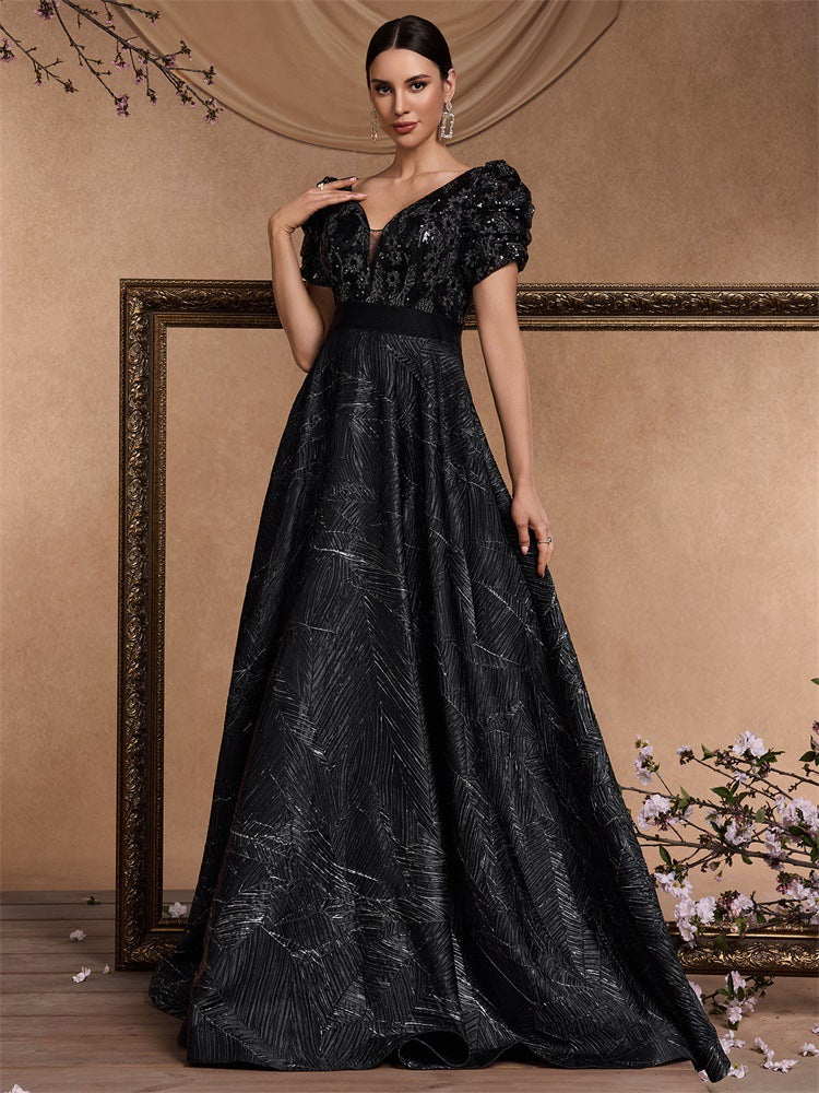 Women's Elegant Chic Sequin Patchwork Short Sleeve Cocktail Formal Evening Dress 6