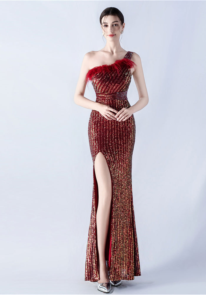 Women Beaded One Shoulder Slash Shoulder Split Sequin Evening Dress